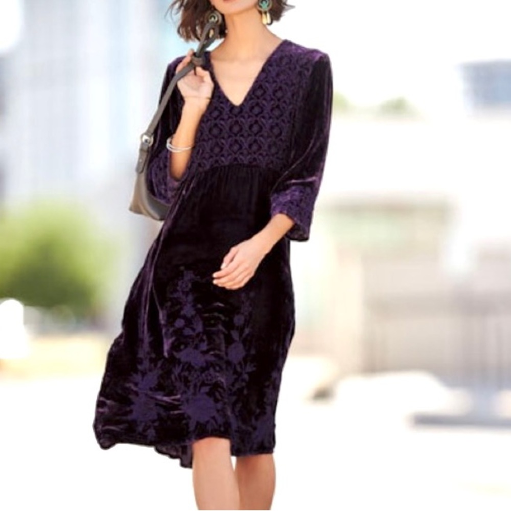 Johnny Was Parina Silk Tonal Embroidered Velvet Midi Dress Deep Purple Size M